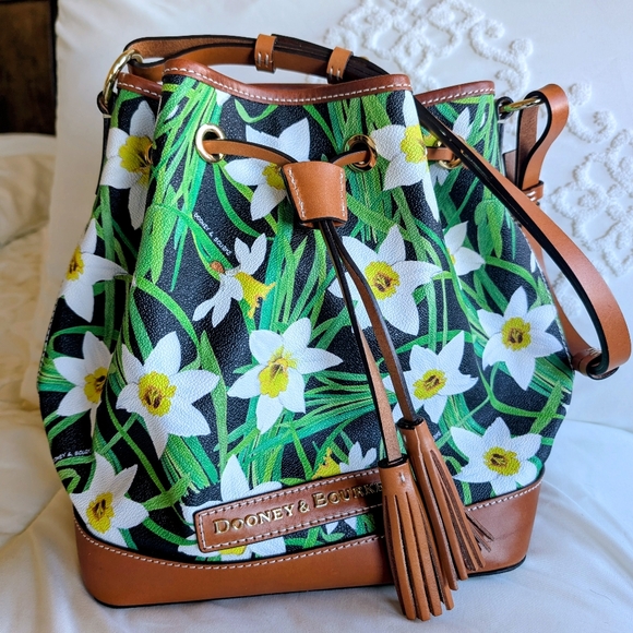 Dooney & Bourke Daffodil And Caramel LeatherDrawstring Bucket Bag NWOT